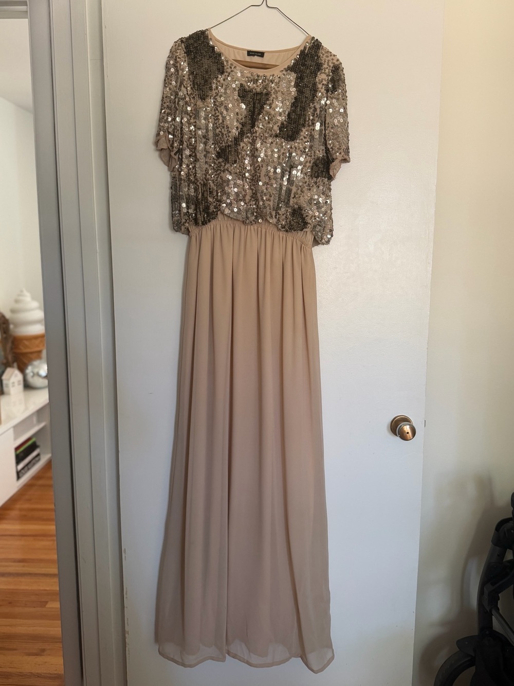 River Island Sequin Maxi Dress in Beige